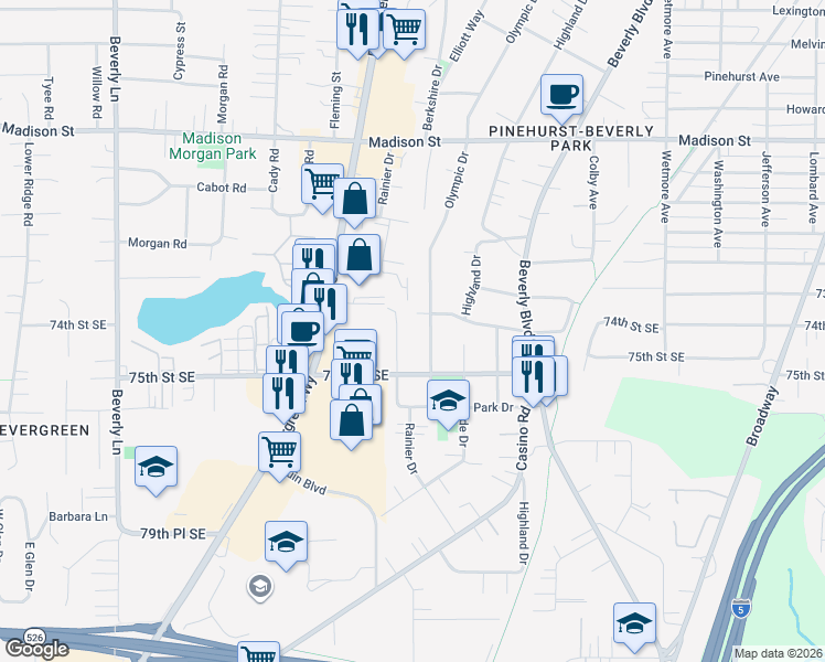 map of restaurants, bars, coffee shops, grocery stores, and more near 7339 Rainier Drive in Everett