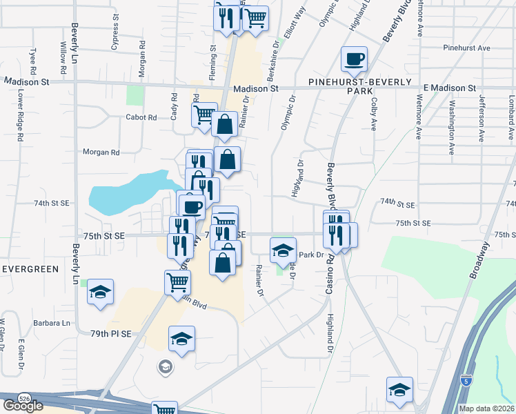 map of restaurants, bars, coffee shops, grocery stores, and more near 7335 Rainier Drive in Everett
