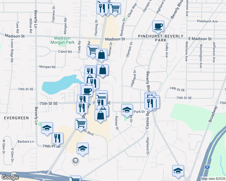 map of restaurants, bars, coffee shops, grocery stores, and more near 7357 Rainier Drive in Everett