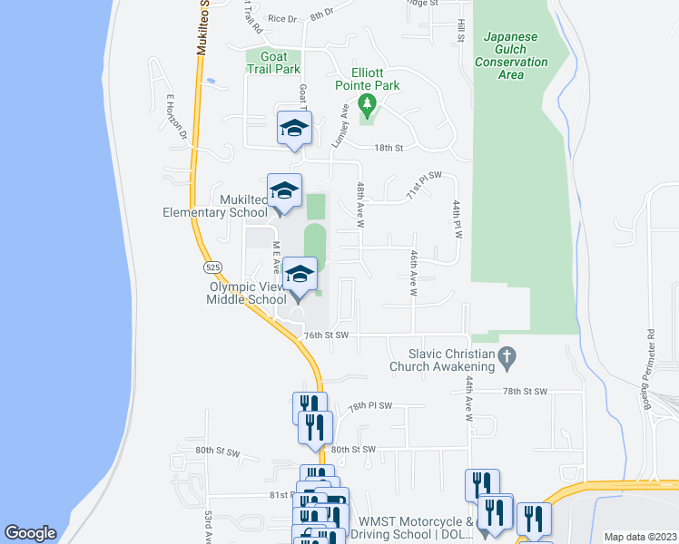 map of restaurants, bars, coffee shops, grocery stores, and more near 4820 73rd Place Southwest in Mukilteo
