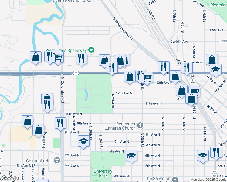map of restaurants, bars, coffee shops, grocery stores, and more near 2220 12th Avenue North in Grand Forks