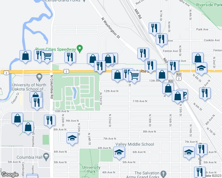 map of restaurants, bars, coffee shops, grocery stores, and more near 2122 12th Avenue North in Grand Forks