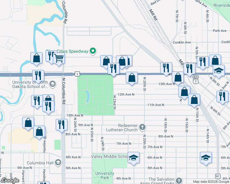 map of restaurants, bars, coffee shops, grocery stores, and more near 2215 12th Avenue North in Grand Forks