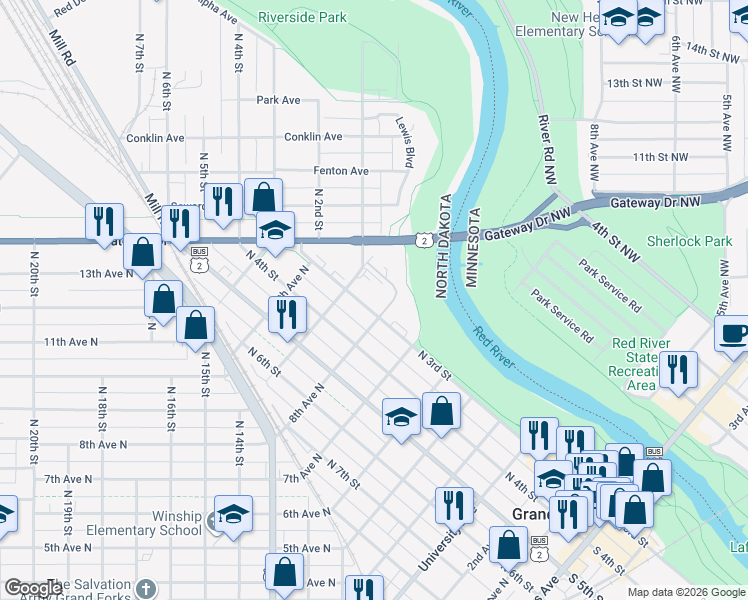 map of restaurants, bars, coffee shops, grocery stores, and more near 800 North 3rd Street in Grand Forks