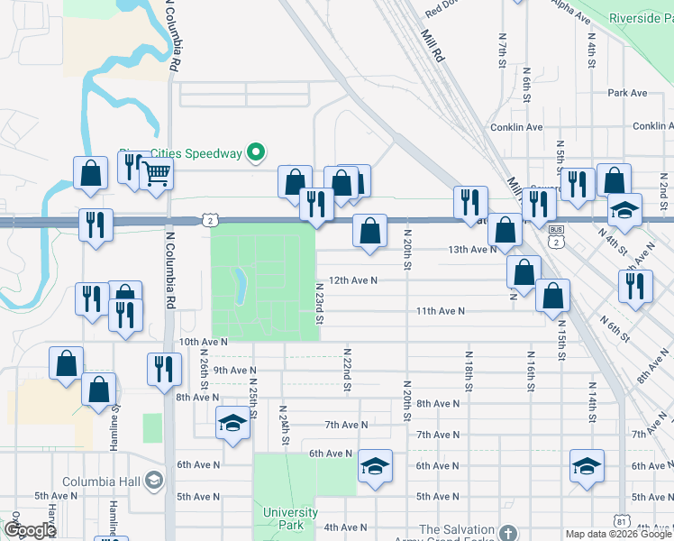 map of restaurants, bars, coffee shops, grocery stores, and more near 2215 12th Avenue North in Grand Forks