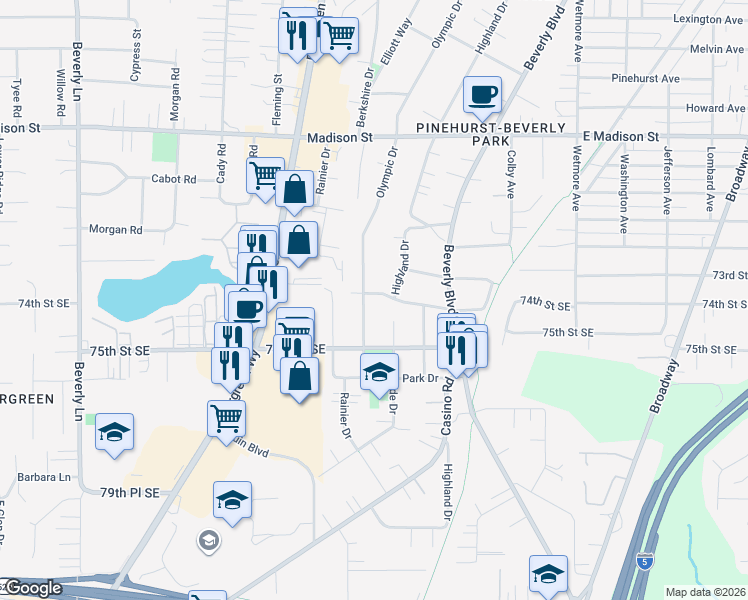 map of restaurants, bars, coffee shops, grocery stores, and more near 7404 Cascade Drive in Everett