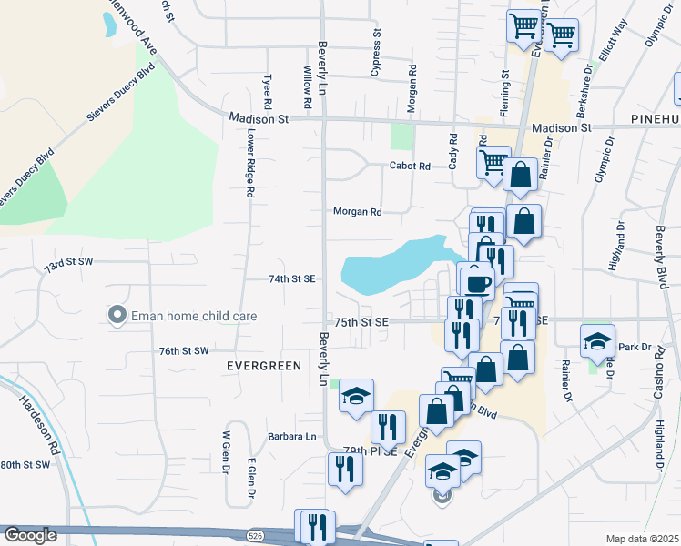 map of restaurants, bars, coffee shops, grocery stores, and more near 323 75th Street Southeast in Everett