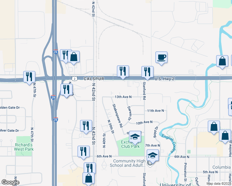 map of restaurants, bars, coffee shops, grocery stores, and more near 3800 13th Avenue North in Grand Forks