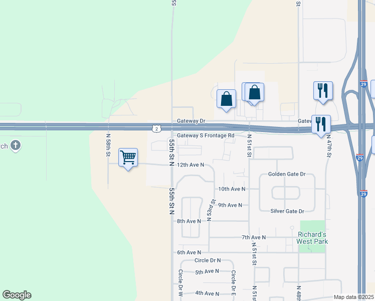 map of restaurants, bars, coffee shops, grocery stores, and more near 1220 North 55th Street in Grand Forks
