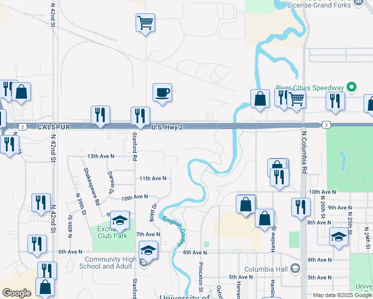 map of restaurants, bars, coffee shops, grocery stores, and more near 3371 Longbow Court in Grand Forks