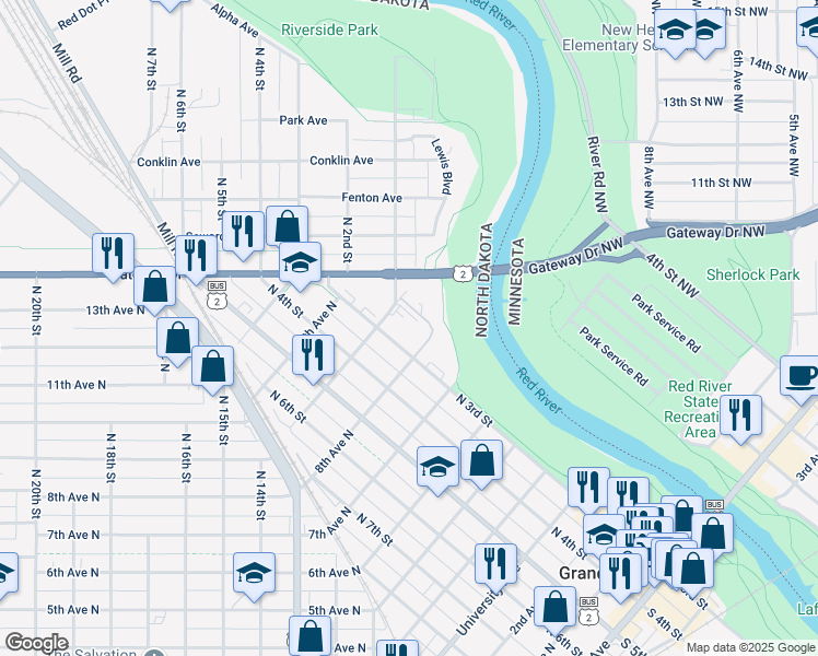 map of restaurants, bars, coffee shops, grocery stores, and more near 800 North 3rd Street in Grand Forks