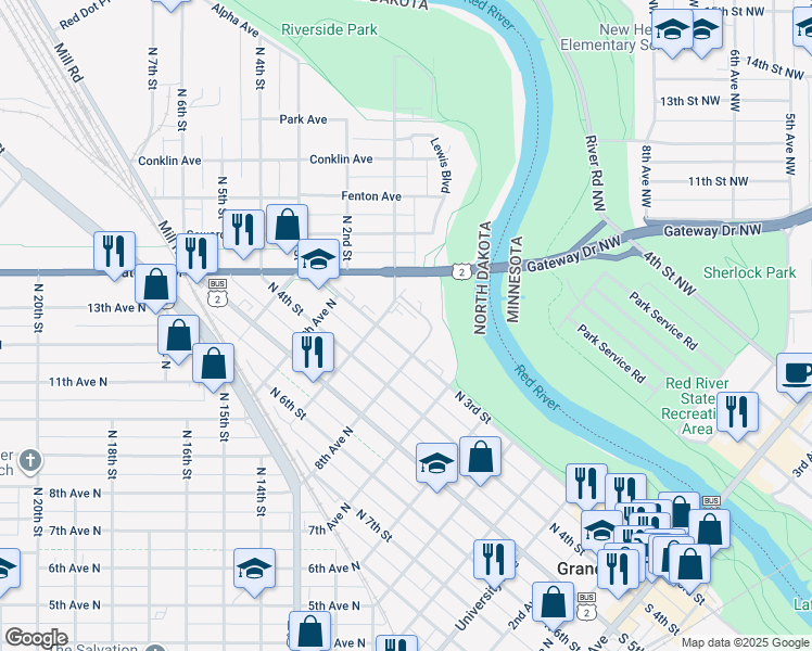 map of restaurants, bars, coffee shops, grocery stores, and more near 805 North 3rd Street in Grand Forks