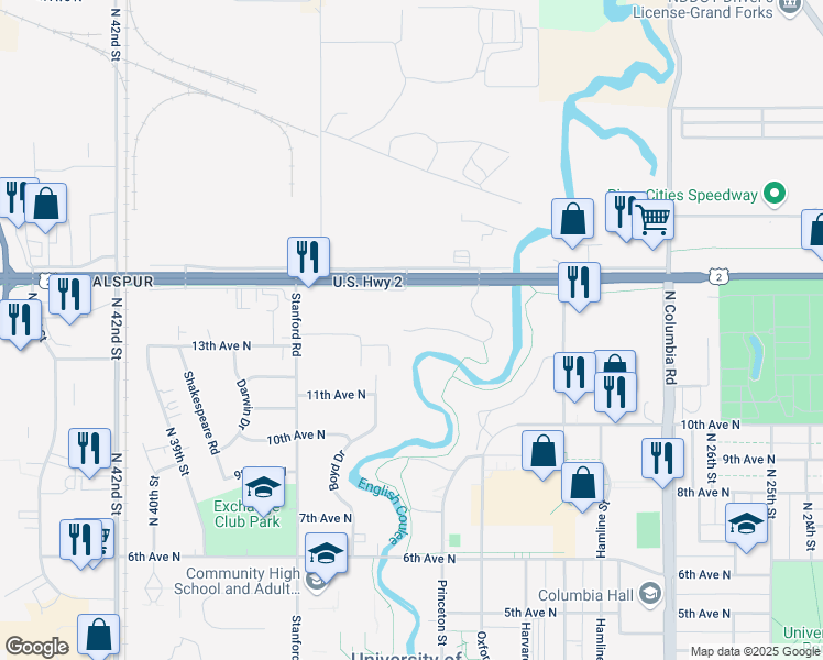 map of restaurants, bars, coffee shops, grocery stores, and more near 3371 Longbow Court in Grand Forks
