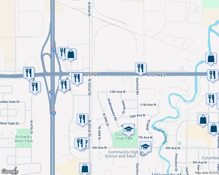 map of restaurants, bars, coffee shops, grocery stores, and more near 1218 Shakespeare Road in Grand Forks