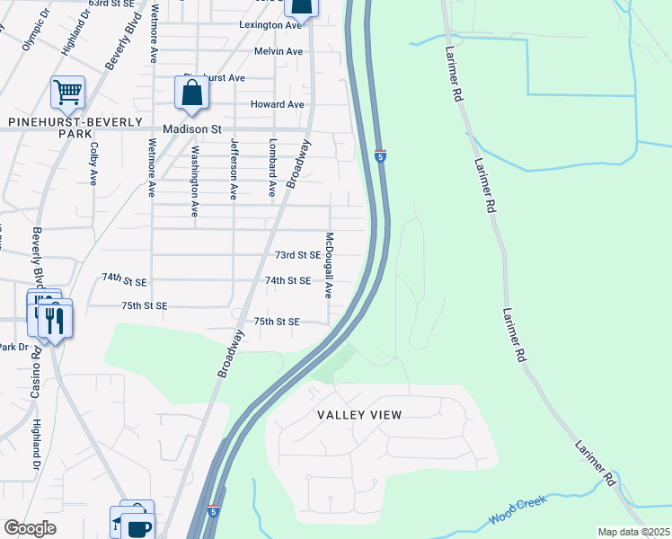 map of restaurants, bars, coffee shops, grocery stores, and more near 2521 73rd Street Southeast in Everett