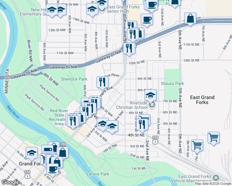 map of restaurants, bars, coffee shops, grocery stores, and more near 404 Demers Avenue in East Grand Forks
