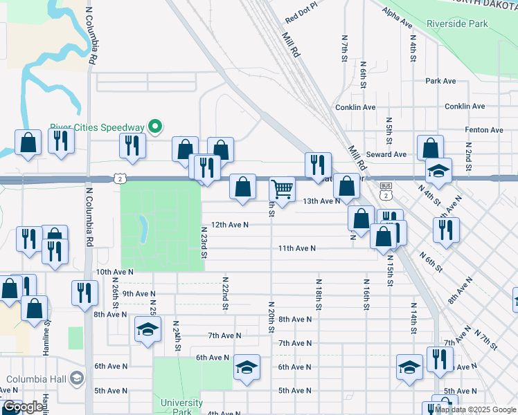 map of restaurants, bars, coffee shops, grocery stores, and more near 2012 13th Avenue North in Grand Forks