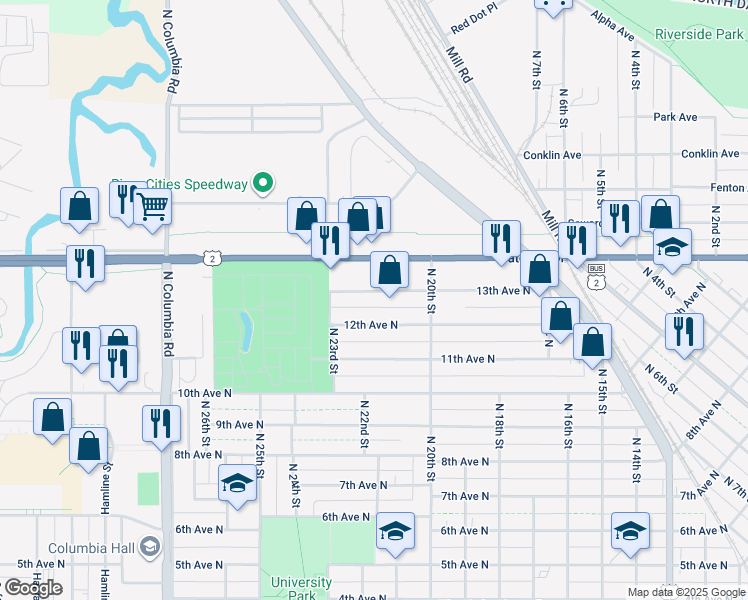 map of restaurants, bars, coffee shops, grocery stores, and more near 2105 Gateway Drive in Grand Forks