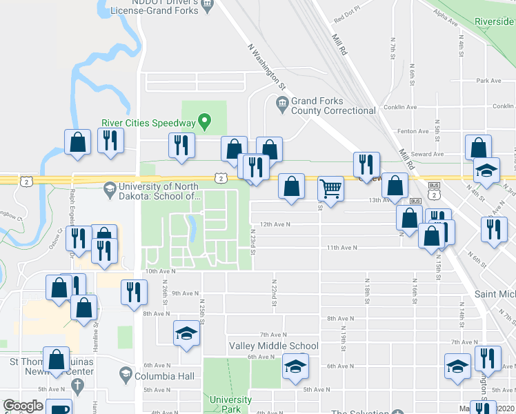map of restaurants, bars, coffee shops, grocery stores, and more near 2209 Gateway Drive in Grand Forks