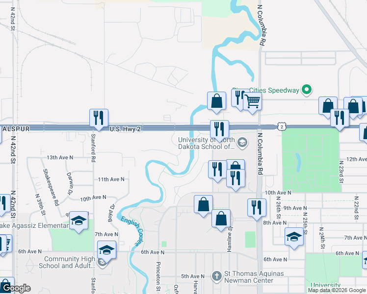 map of restaurants, bars, coffee shops, grocery stores, and more near 1301 Ralph Engelstad Arena Drive in Grand Forks