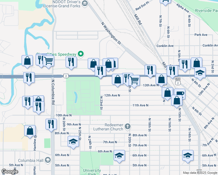 map of restaurants, bars, coffee shops, grocery stores, and more near 2201 13th Avenue North in Grand Forks