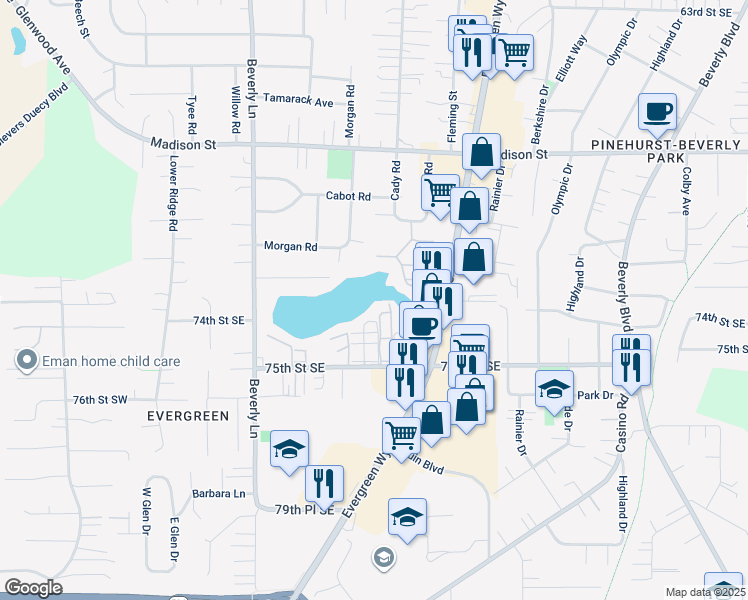 map of restaurants, bars, coffee shops, grocery stores, and more near 747 75th Street Southeast in Everett