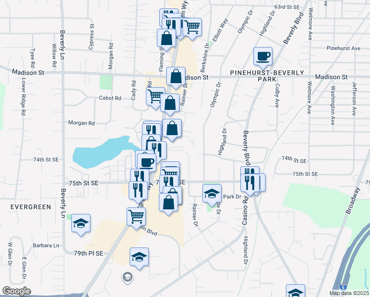 map of restaurants, bars, coffee shops, grocery stores, and more near 7220 Rainier Drive in Everett