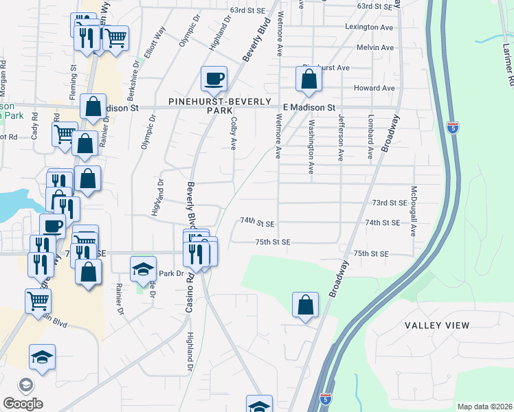 map of restaurants, bars, coffee shops, grocery stores, and more near 1811 73rd Street Southeast in Everett