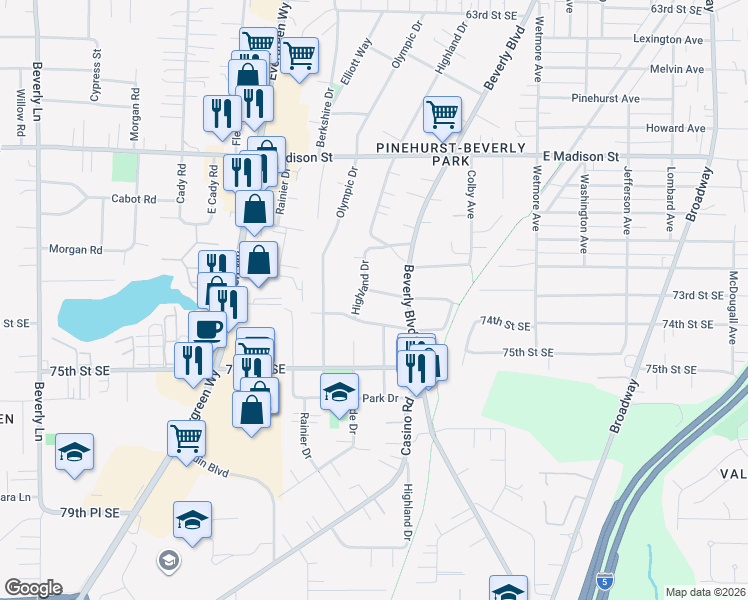 map of restaurants, bars, coffee shops, grocery stores, and more near 1405 73rd Street Southeast in Everett