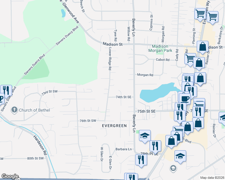 map of restaurants, bars, coffee shops, grocery stores, and more near 7309 Lower Ridge Road in Everett