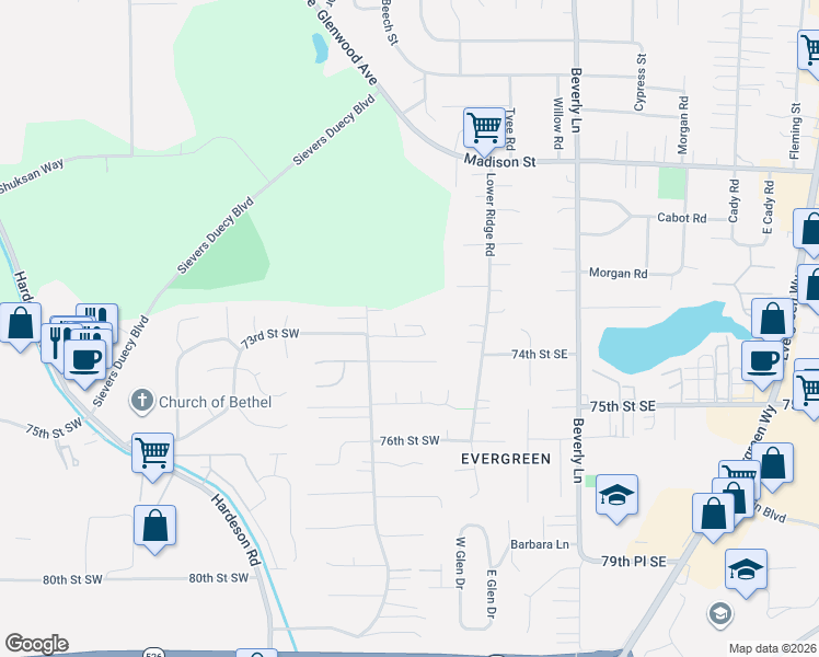 map of restaurants, bars, coffee shops, grocery stores, and more near 21 73rd Street Southwest in Everett