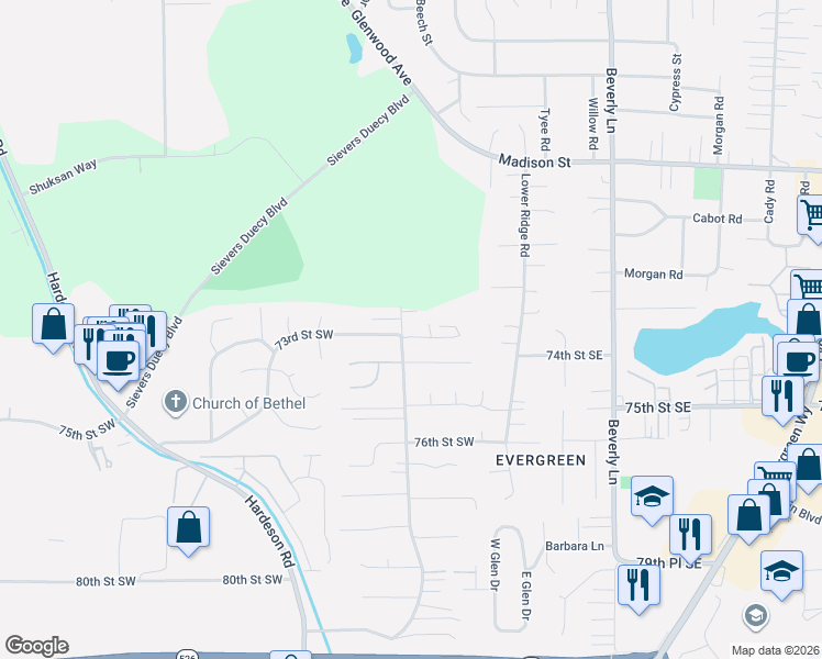 map of restaurants, bars, coffee shops, grocery stores, and more near 7207 Upper Ridge Road in Everett