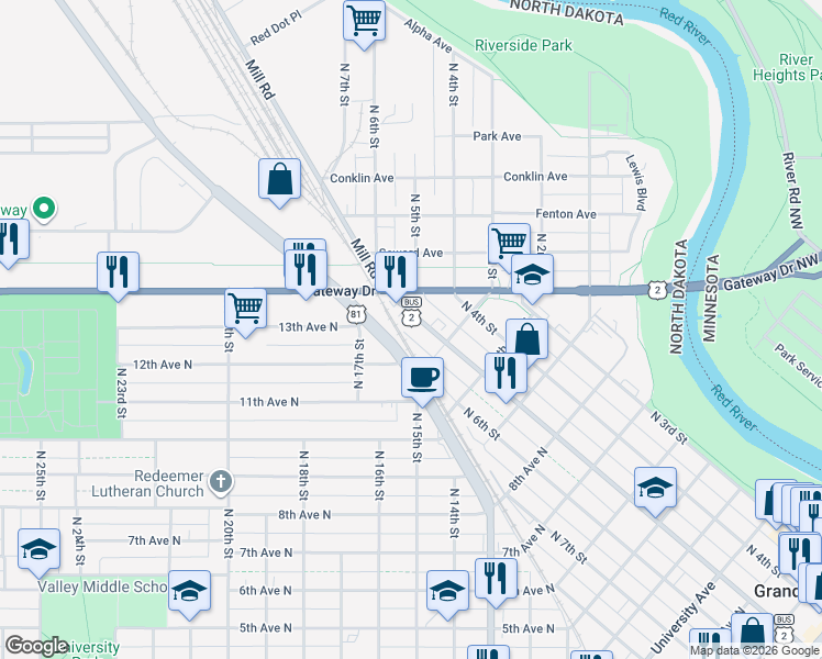 map of restaurants, bars, coffee shops, grocery stores, and more near 1207 N 5th St in Grand Forks