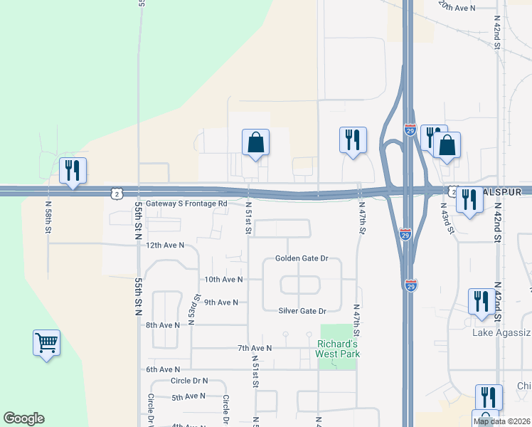 map of restaurants, bars, coffee shops, grocery stores, and more near Fitness Trail in Grand Forks