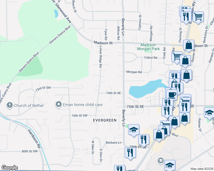 map of restaurants, bars, coffee shops, grocery stores, and more near 7305 2nd Drive Southeast in Everett