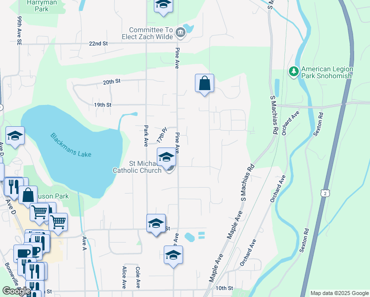 map of restaurants, bars, coffee shops, grocery stores, and more near 1614 Meadow Place in Snohomish