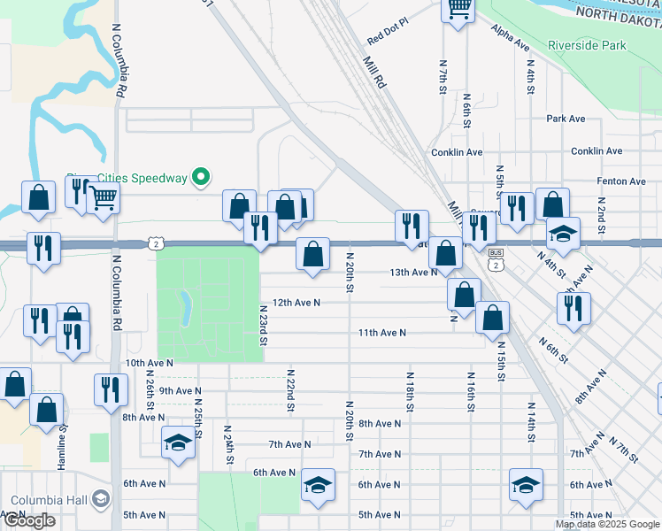 map of restaurants, bars, coffee shops, grocery stores, and more near 2012 13th Avenue North in Grand Forks
