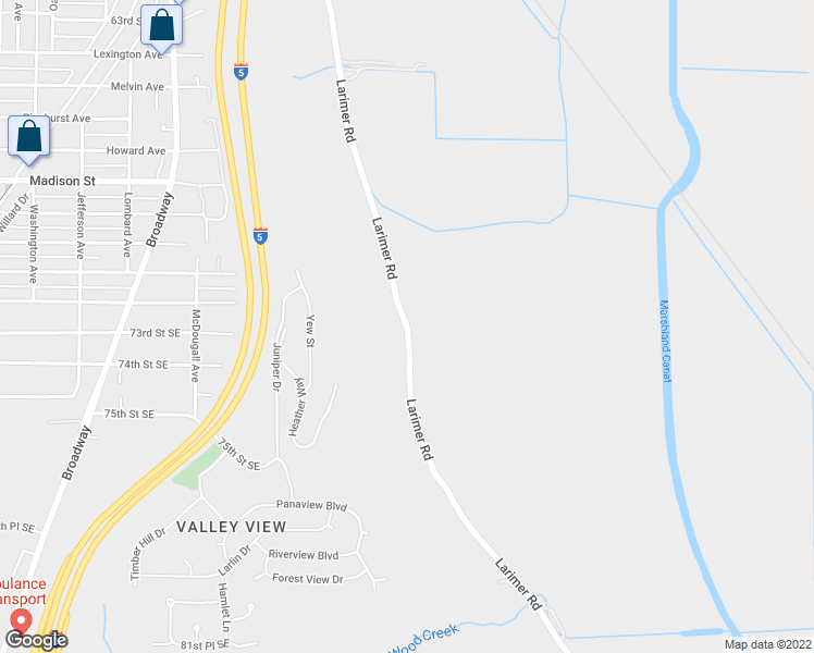 map of restaurants, bars, coffee shops, grocery stores, and more near 5905 Larimer Road in Everett