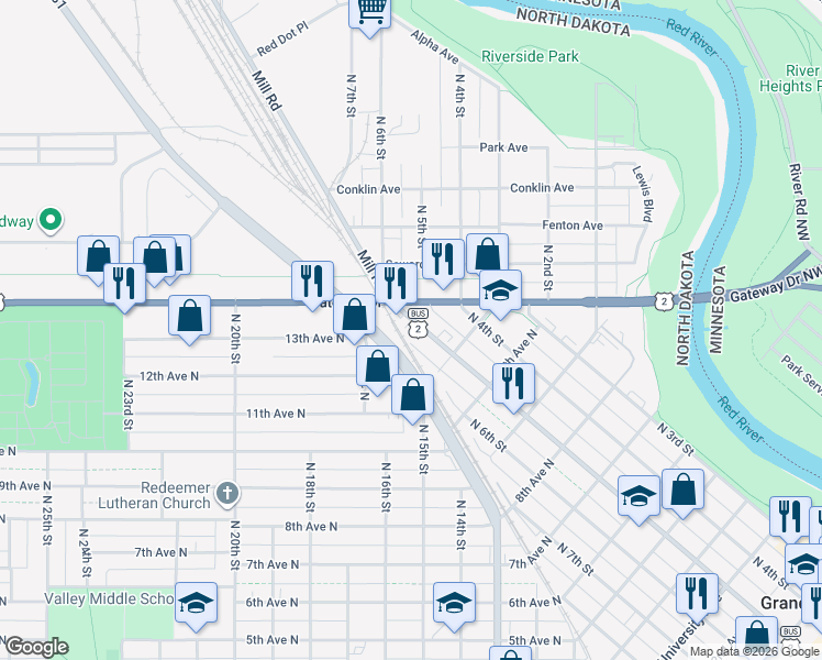 map of restaurants, bars, coffee shops, grocery stores, and more near 1207 N 5th St in Grand Forks