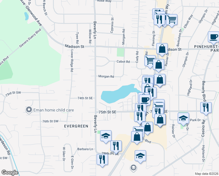 map of restaurants, bars, coffee shops, grocery stores, and more near 426 72nd Street Southeast in Everett