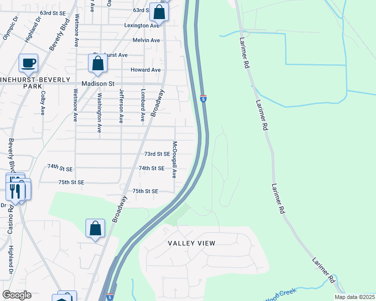 map of restaurants, bars, coffee shops, grocery stores, and more near 2521 73rd Street Southeast in Everett