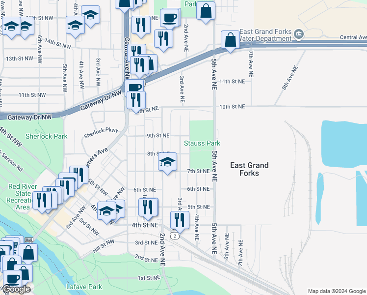 map of restaurants, bars, coffee shops, grocery stores, and more near 806 3rd Avenue Northeast in East Grand Forks