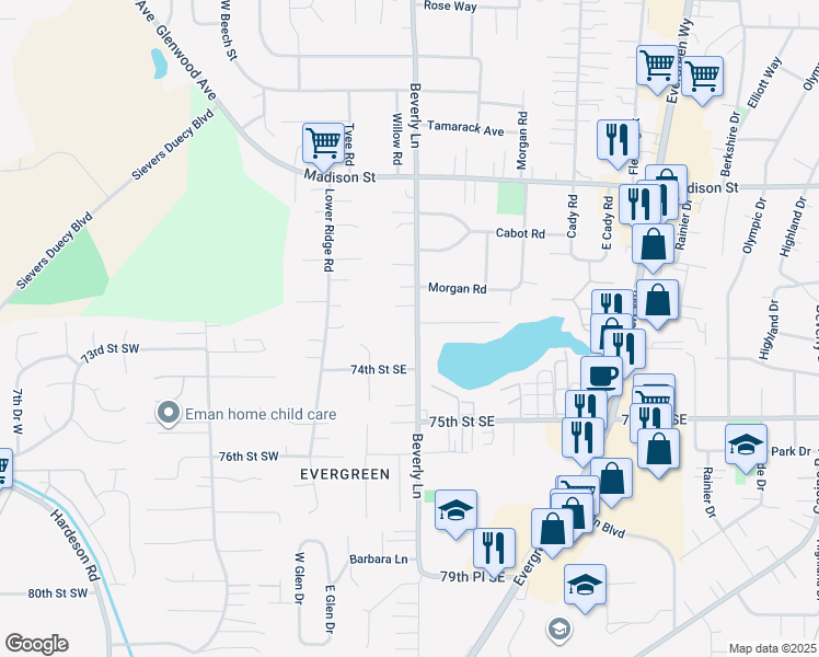 map of restaurants, bars, coffee shops, grocery stores, and more near 7216 Beverly Lane in Everett