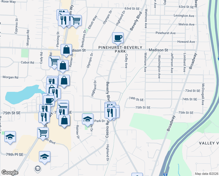 map of restaurants, bars, coffee shops, grocery stores, and more near 7211 Beverly Boulevard in Everett