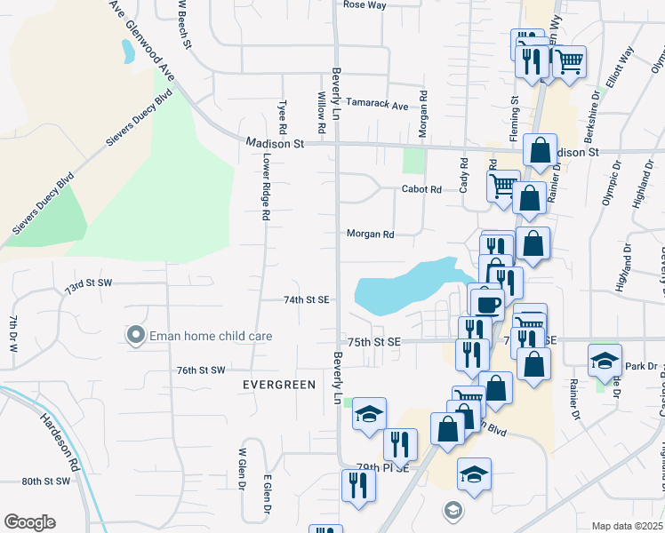 map of restaurants, bars, coffee shops, grocery stores, and more near 7216 Beverly Lane in Everett