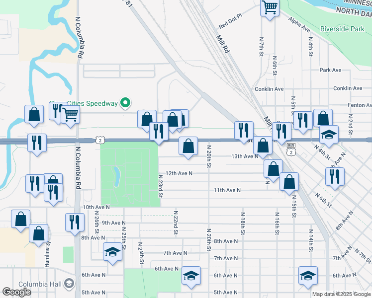 map of restaurants, bars, coffee shops, grocery stores, and more near 2105 Gateway Drive in Grand Forks