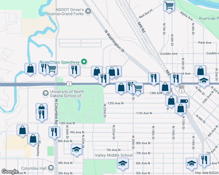 map of restaurants, bars, coffee shops, grocery stores, and more near 2209 Gateway Drive in Grand Forks
