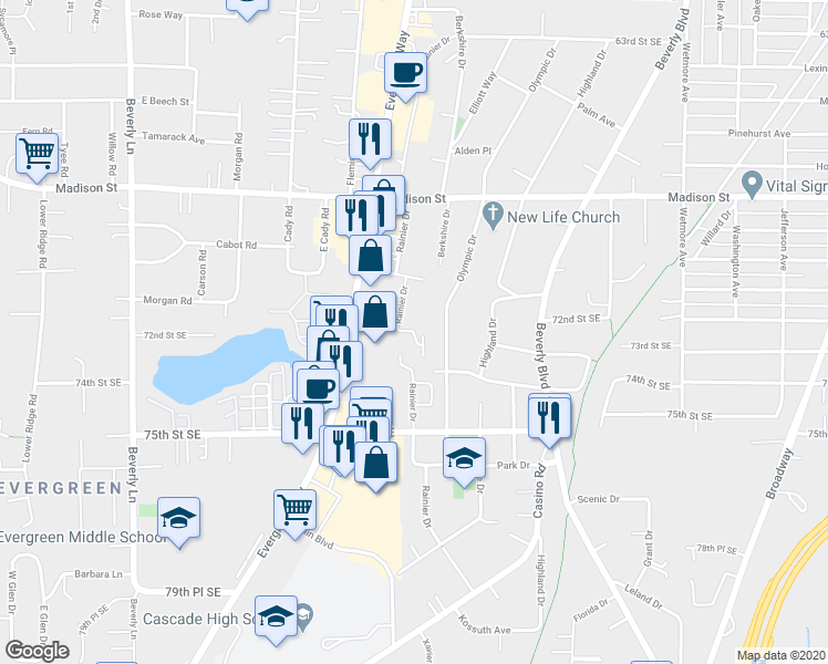 map of restaurants, bars, coffee shops, grocery stores, and more near 7299 Rainier Drive in Everett
