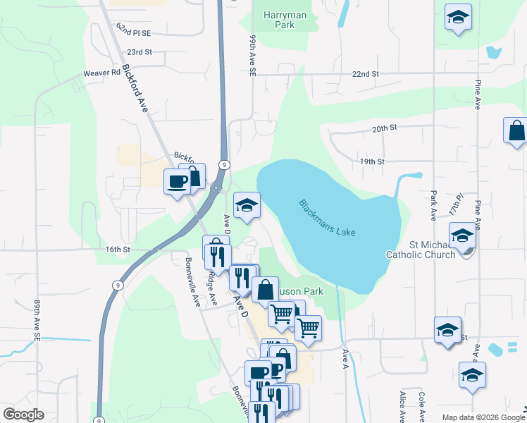 map of restaurants, bars, coffee shops, grocery stores, and more near 1647 Lake Mount Drive in Snohomish