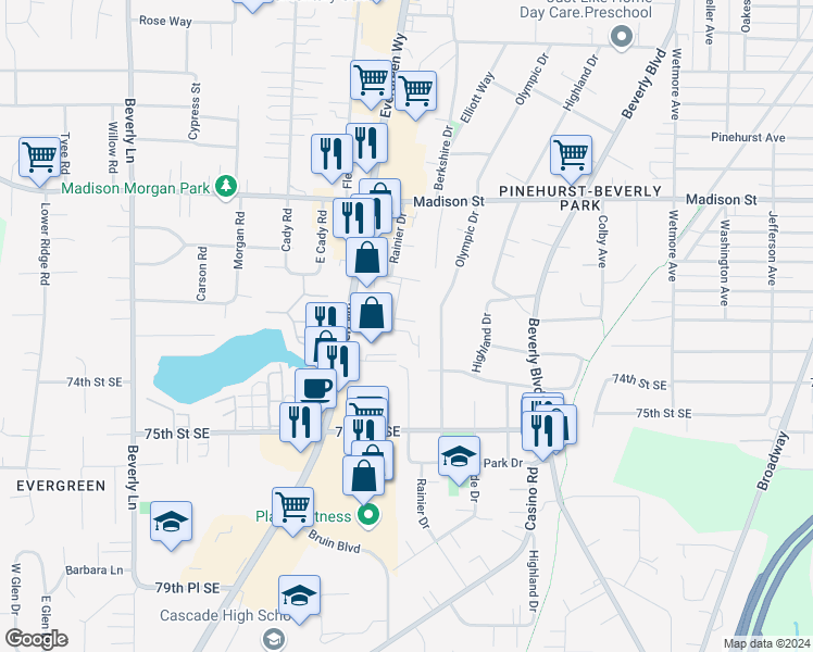 map of restaurants, bars, coffee shops, grocery stores, and more near 7212 Olympic Drive in Everett